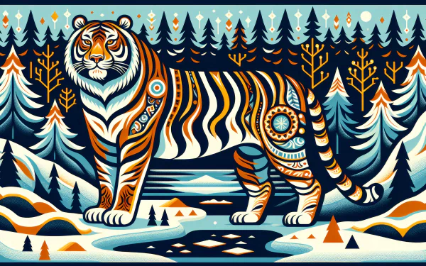 A stylized HD wallpaper featuring a Siberian tiger in a vibrant, patterned forest landscape.