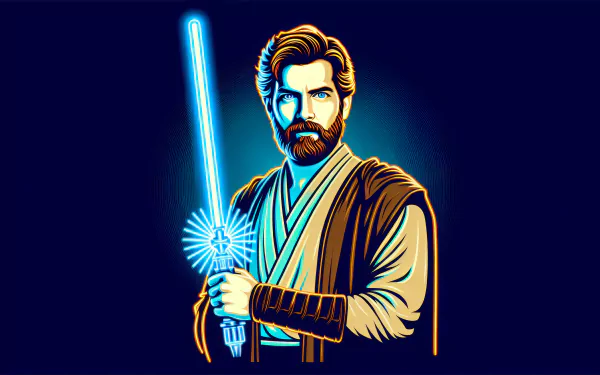 HD desktop wallpaper featuring stylized illustration of Obi-Wan Kenobi with lightsaber on a blue background.