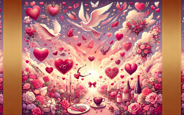 Romantic Valentine's Day HD desktop wallpaper with hearts, doves, and roses in a dreamy pink and red setting.