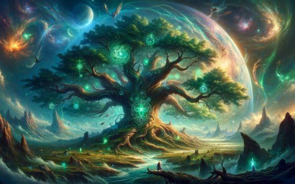 HD desktop wallpaper featuring the mythical Yggdrasil tree in a vibrant, fantasy landscape, ideal for a mystical background.