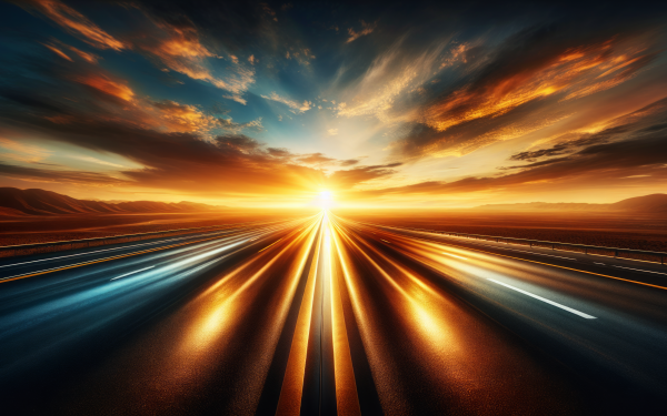 Stunning HD wallpaper featuring a highway leading towards a breathtaking sunset with vibrant sky colors.