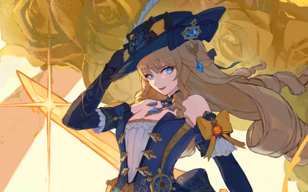 HD desktop wallpaper featuring Navia from Genshin Impact, showcasing her stylish outfit and confident pose against a backdrop of golden roses.