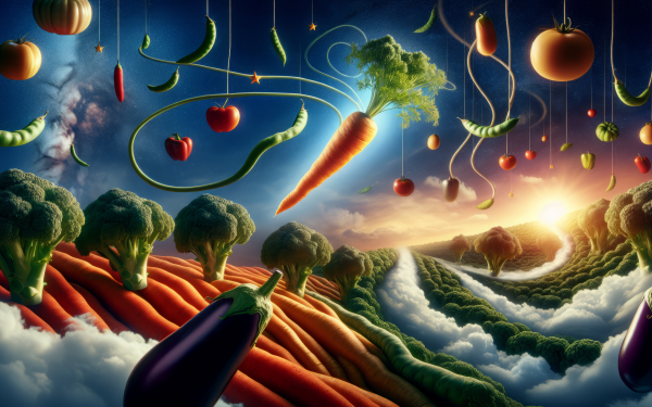 Fantasy vegetable landscape HD wallpaper featuring floating tomatoes, carrots, and broccoli with a surreal sunset background.