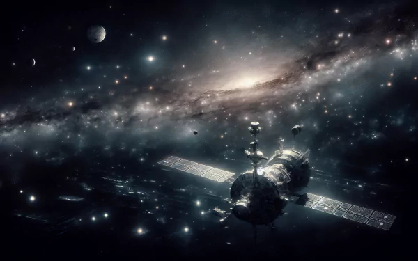 HD desktop wallpaper featuring an artistic depiction of a satellite orbiting a distant galaxy with a moon and stardust, tagged with space exploration.