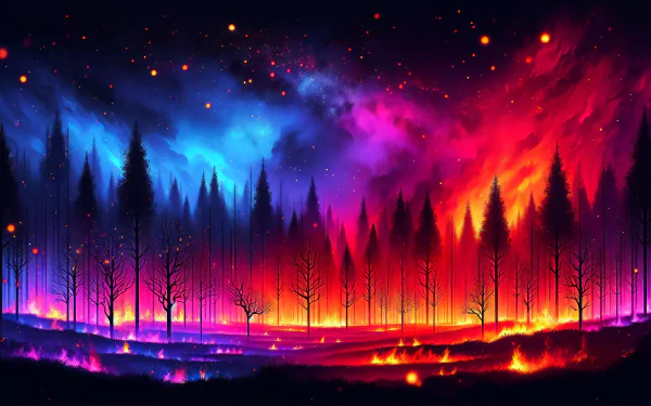 HD wallpaper of a vivid wildfire illustration in a forest with a starry night sky background.