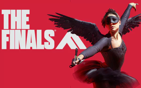 HD PC desktop wallpaper/background for the video game The Finals: masked black-winged ballerina in tutu strikes a dynamic pose with handgun against a bold red backdrop and The Finals logo.
