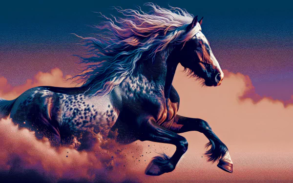 Majestic stallion galloping with flowing mane against a vibrant sunset sky, HD desktop wallpaper background.