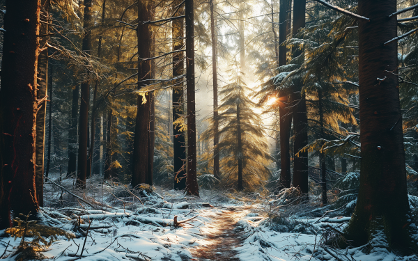 HD wallpaper of a snowy forest path with sun rays piercing through the winter trees, ideal for desktop background.