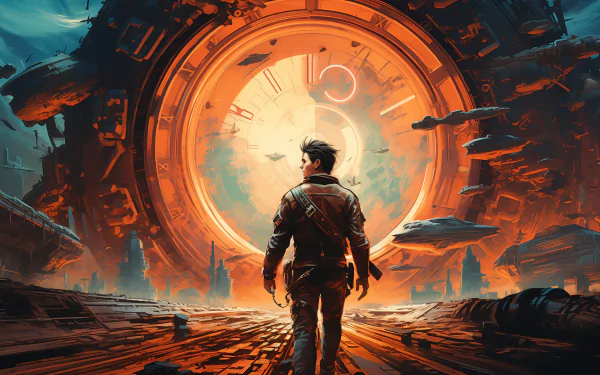 HD wallpaper of a person facing a large, futuristic time travel portal in a science fiction landscape.
