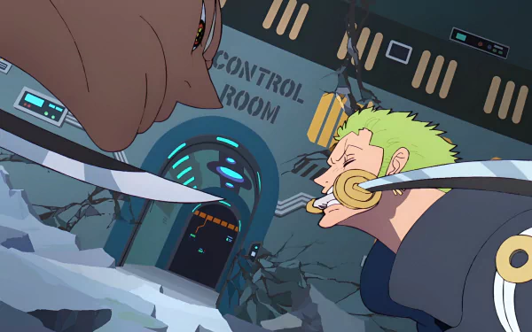 Anime One Piece HD desktop wallpaper showing S-Hawk and Roronoa Zoro facing off in a wrecked control room, Zoro gripping a sword between his teeth.
