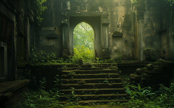 HD wallpaper of a serene ancient ruin overgrown with greenery, featuring moss-covered stairs leading to an arched doorway.