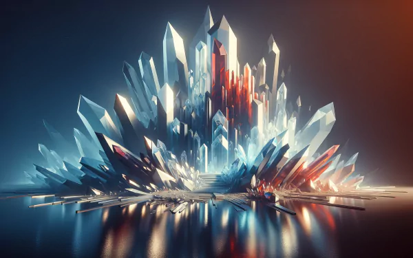 HD desktop wallpaper of luminous crystal formations rising like a futuristic city, set against a dusk-toned backdrop.