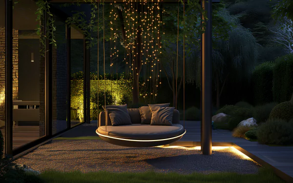 HD wallpaper featuring a cozy patio swing under twinkling lights at night, creating a tranquil outdoor setting.