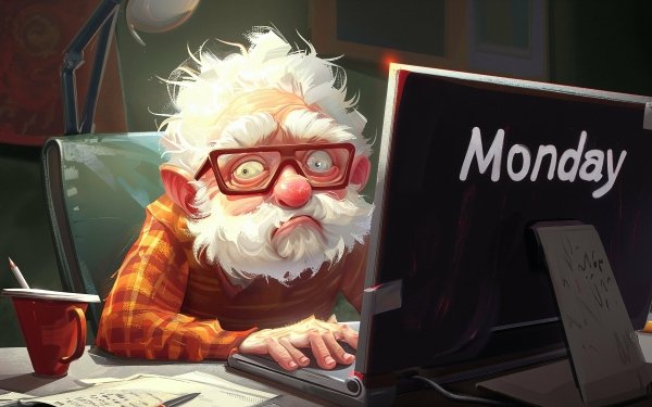 Animated character feeling overwhelmed by Monday, sitting at a desk with a computer screen that has the word Monday on it, HD desktop wallpaper and background.