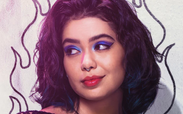 Mean Girls 2024 movie inspired HD desktop wallpaper featuring a confident woman with vibrant purple hair and bold makeup against a stylized background.