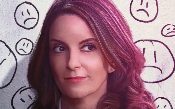 HD desktop wallpaper background featuring a character from Mean Girls 2024 movie with doodle expression icons.