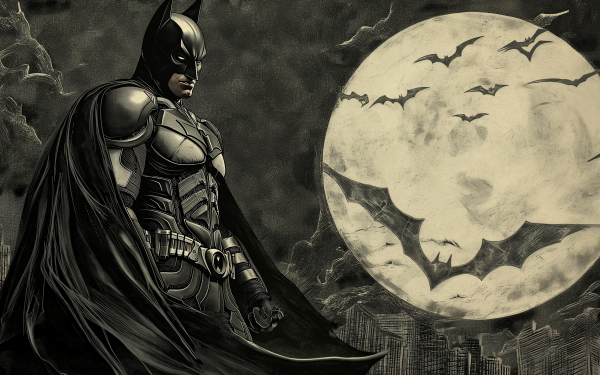 HD Wallpaper featuring a stylized depiction of Batman against a full moon with bats, ideal for comic enthusiasts' desktop backgrounds.