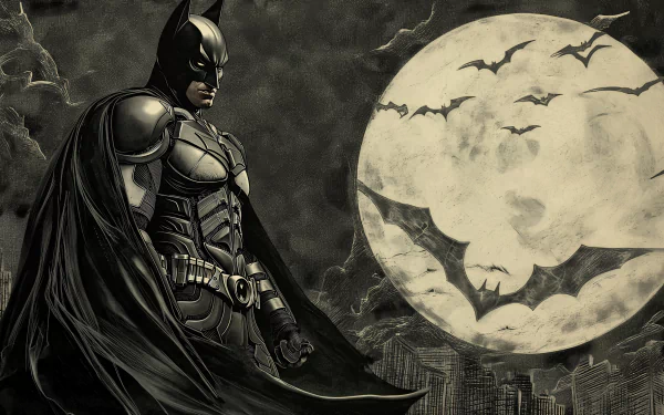 HD desktop wallpaper featuring Batman with a backdrop of a city skyline and a full moon with bats in the background.