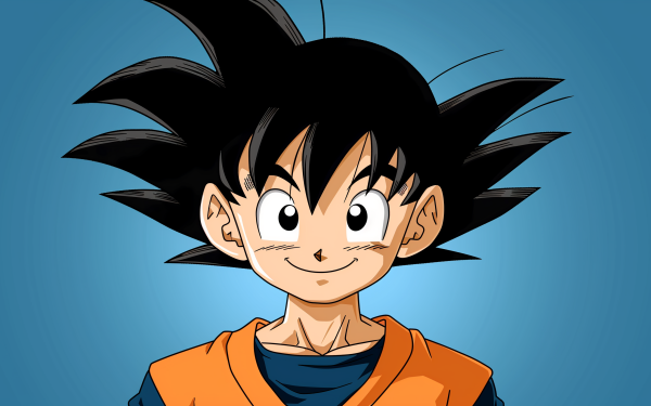 HD desktop wallpaper featuring a smiling Goku from Dragon Ball with a blue background.