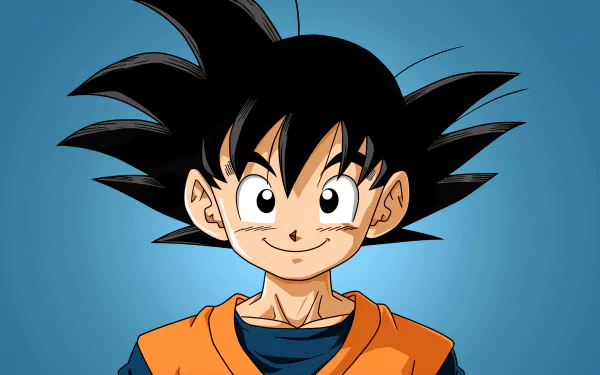 HD desktop wallpaper featuring a smiling Goku from Dragon Ball with a blue background.