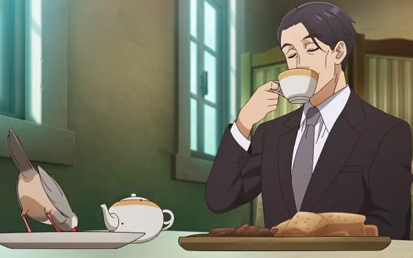 Anime character enjoying tea with a peep-like companion, HD wallpaper from Sasaki and Peeps series.