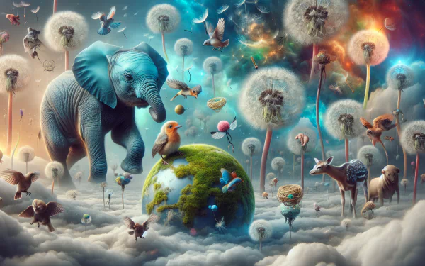 HD desktop wallpaper featuring a whimsical baby animal fantasy scene with an elephant, birds, and various creatures in a dreamy, dandelion-filled landscape.