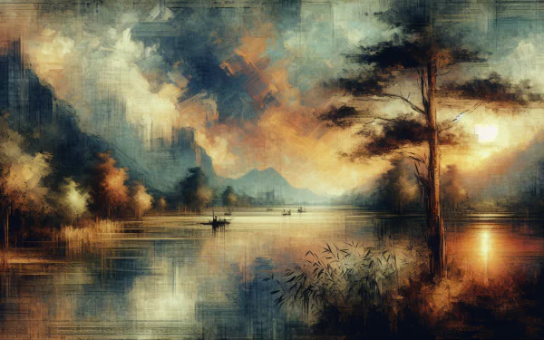 HD desktop wallpaper featuring an artistic impression of a serene lakeside scene at sunset with subtle brushwork and a warm color palette.