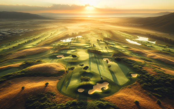 HD wallpaper of a scenic sunset over a lush golf course with rolling hills and water features.