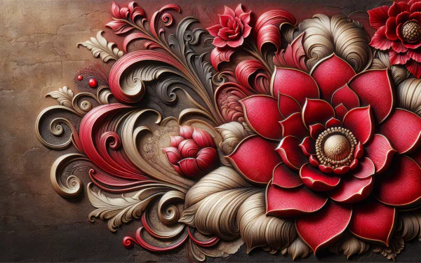 A vibrant red flower design with intricate patterns, set against a textured background, creating a stunning HD desktop wallpaper.