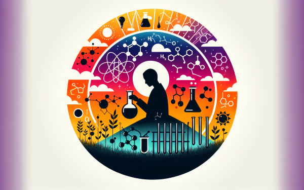 Colorful HD desktop wallpaper featuring a stylized chemistry theme with a silhouetted figure holding a flask, surrounded by icons and symbols of science and nature.