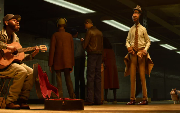 HD wallpaper featuring a scene from the animated movie Soul (2024) with characters performing music in a subway station.