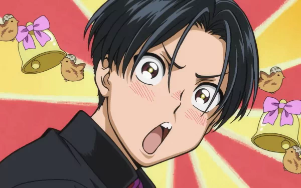 Anime character with surprised expression HD wallpaper from Bucchigiri series, featuring colorful background with cute cartoon bears and bows.