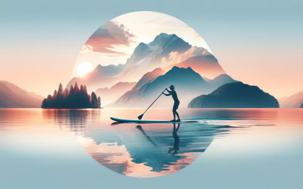Silhouette of a person paddle boarding during sunset in a circular HD desktop wallpaper with serene mountain and lake background.