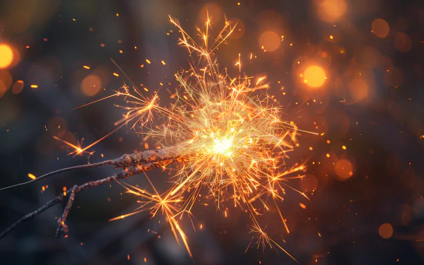 Illuminated sparkler emitting bright sparks against a bokeh background in HD desktop wallpaper.