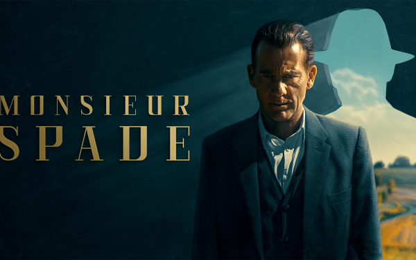 HD Wallpaper of Clive Owen in 'Monsieur Spade' TV show against a mysterious silhouette background perfect for desktops.