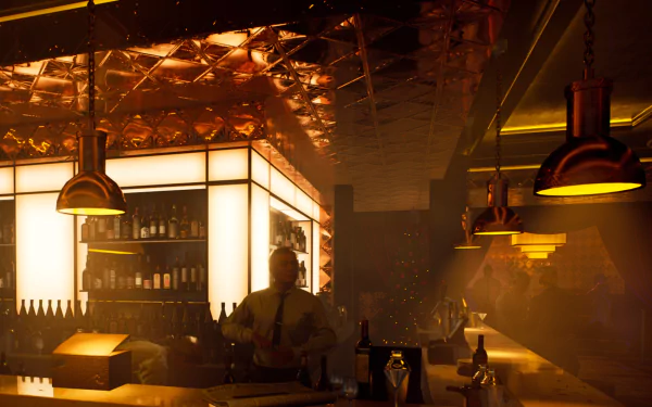 HD wallpaper of Vampire: The Masquerade - Bloodlines 2 featuring dimly lit bar scene with bartender for desktop background.