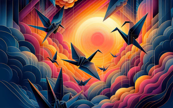 HD Wallpaper with origami cranes flying over colorful clouds at sunset for desktop background.