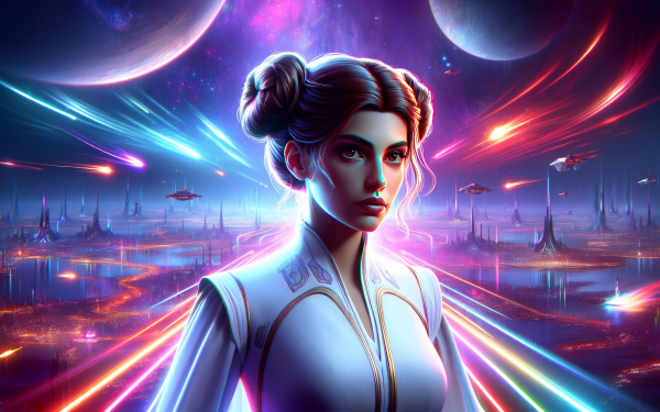 HD desktop wallpaper of Leia Organa in a vibrant sci-fi setting with futuristic cities and spaceships.