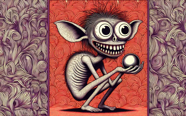 HD desktop wallpaper featuring a stylized illustration of Gollum with a wide-eyed expression, holding a precious orb against a patterned background.