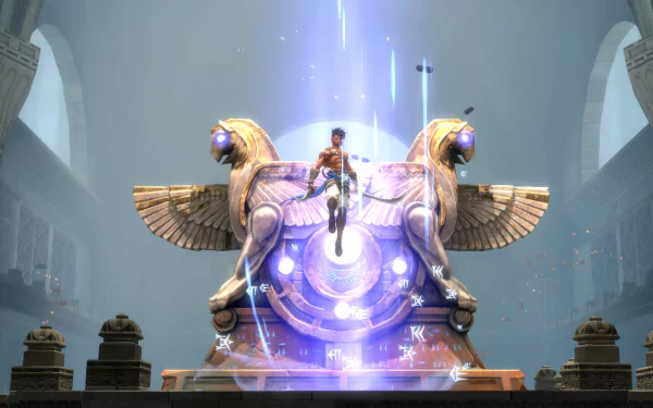 HD Wallpaper of Prince of Persia: The Lost Crown featuring the protagonist on a mystic eagle altar with glowing lights.