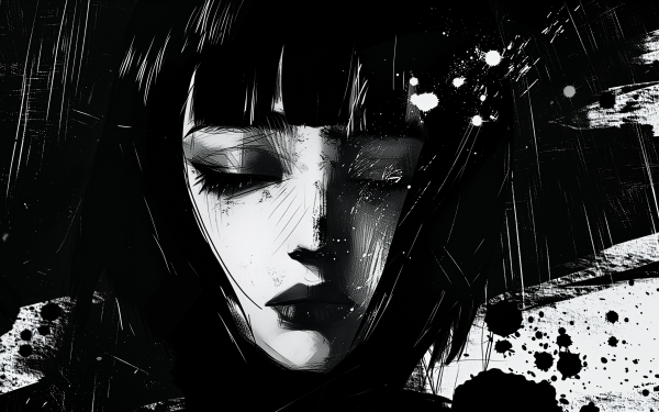 HD desktop wallpaper featuring a dark aesthetic with a stylized monochrome illustration of a mysterious female figure.