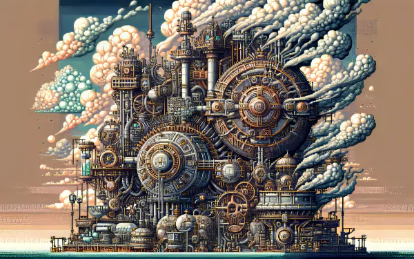 A stunning HD desktop wallpaper featuring a complex machine, complete with intricate gears and pipes, set against a backdrop of swirling clouds.