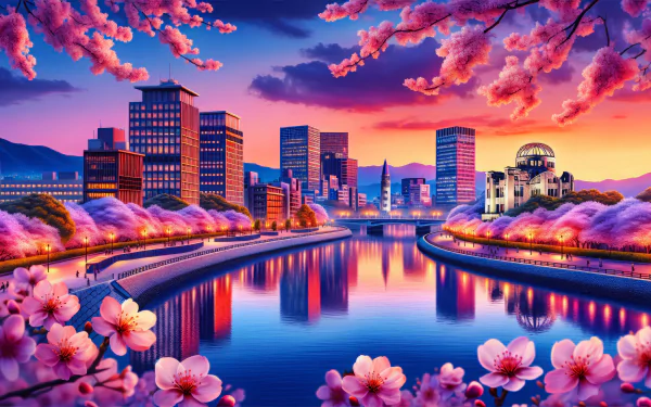 HD desktop wallpaper of Hiroshima skyline at sunset with cherry blossoms and river reflections.