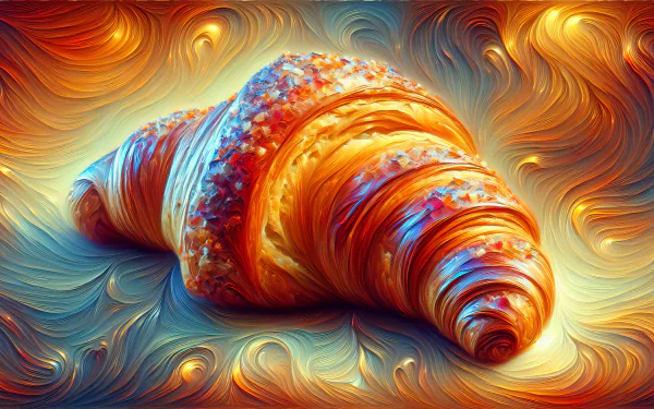 A vibrant HD desktop wallpaper featuring a beautifully crafted croissant, showcasing intricate swirls of color and texture against a luminous background.