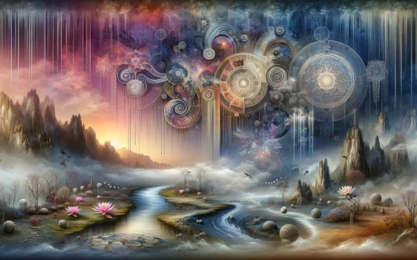 HD wallpaper featuring a mystical landscape with celestial gears, waterfalls, and a river flowing through a forest at sunset.