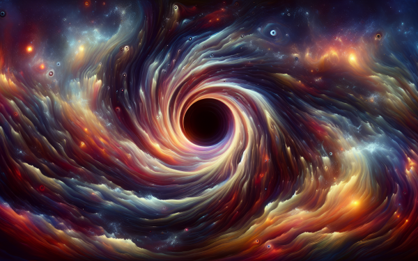 HD wallpaper of a vibrant, artistic depiction of a wormhole swirling amidst a colorful cosmic landscape, suitable for desktop background use.