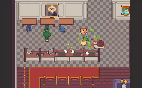 HD desktop wallpaper of 'Turnip Boy Robs a Bank' video game scene with characters inside bank.