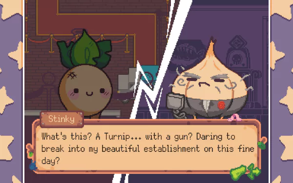 HD wallpaper featuring a scene from the video game Turnip Boy Robs a Bank with delightful pixel art characters Turnip Boy and an NPC, capturing a humorous in-game interaction.