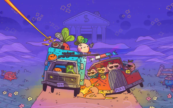 HD desktop wallpaper featuring Turnip Boy robbing a bank in a video game scene with quirky characters and a vibrant purple background.