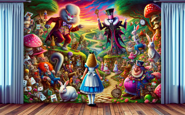 A vibrant HD desktop wallpaper depicting Alice in Wonderland, featuring Alice surrounded by whimsical characters and colorful landscapes, capturing the essence of this enchanting tale.
